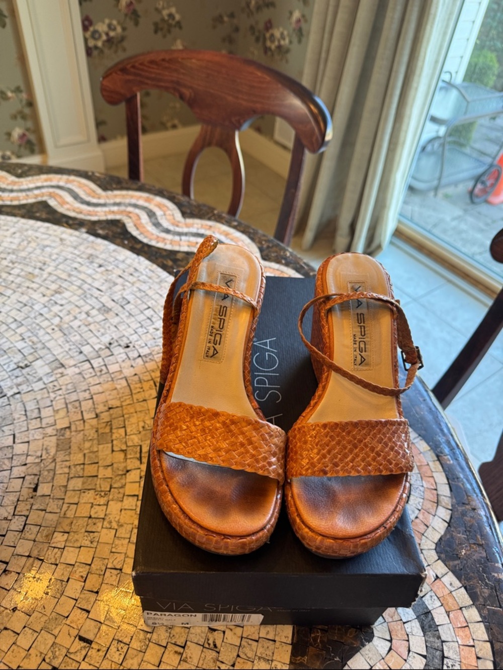 Via Spiga Cognac Woven Leather Wedge Sandals